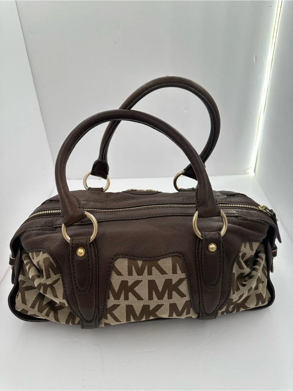 Vintage Michael Kors Brown MK Monogram Leather Satchel Bag Y2K Shoulder Purse